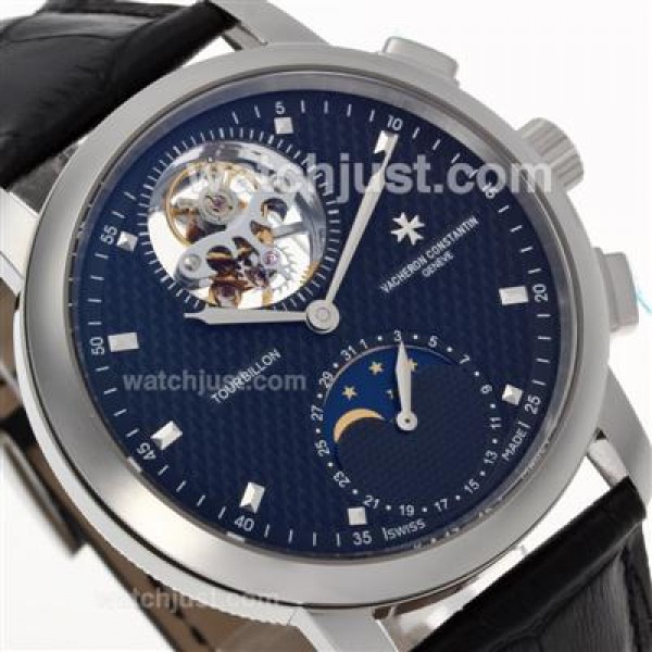 UK Perfect Replica Vacheron Constantin Working Tourbillon Manual Winding with Black Dial-Leather Strap Watches