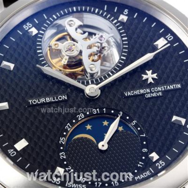 UK Perfect Replica Vacheron Constantin Working Tourbillon Manual Winding with Black Dial-Leather Strap Watches