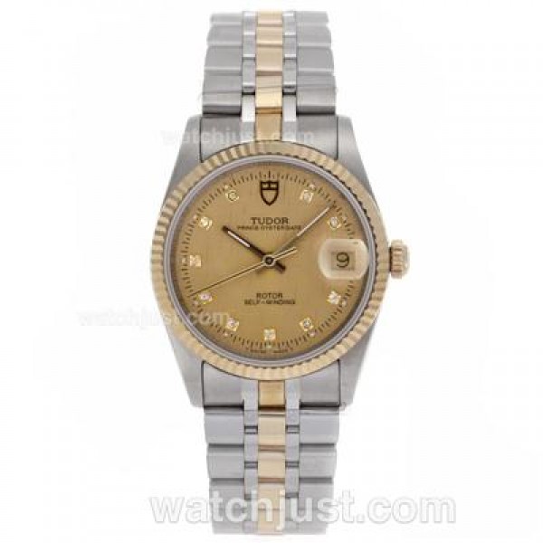 Tudor Prince Date Swiss ETA 2836 Movement 14K Wrapped Two Tone Diamond Markers with Golden Dial