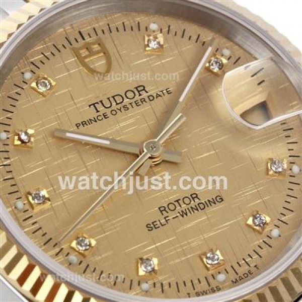 Tudor Prince Date Swiss ETA 2836 Movement 14K Wrapped Two Tone Diamond Markers with Golden Dial