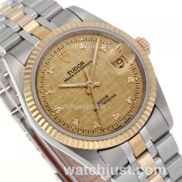 Tudor Prince Date Swiss ETA 2836 Movement 14K Wrapped Two Tone Diamond Markers with Golden Dial