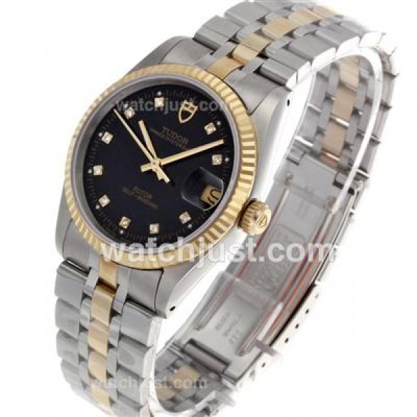 Tudor Prince Date Swiss ETA 2836 Movement 14K Wrapped Two Tone Diamond Markers with Black Dial
