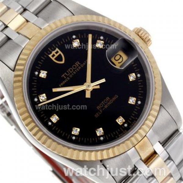 Tudor Prince Date Swiss ETA 2836 Movement 14K Wrapped Two Tone Diamond Markers with Black Dial