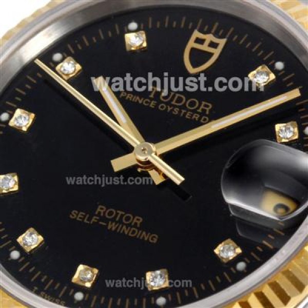 Tudor Prince Date Swiss ETA 2836 Movement 14K Wrapped Two Tone Diamond Markers with Black Dial