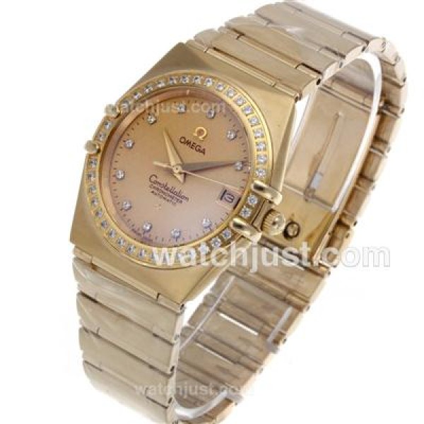 Omega Constellation Swiss ETA Movement Full Gold Diamond Bezel and Markers with Golden Dial