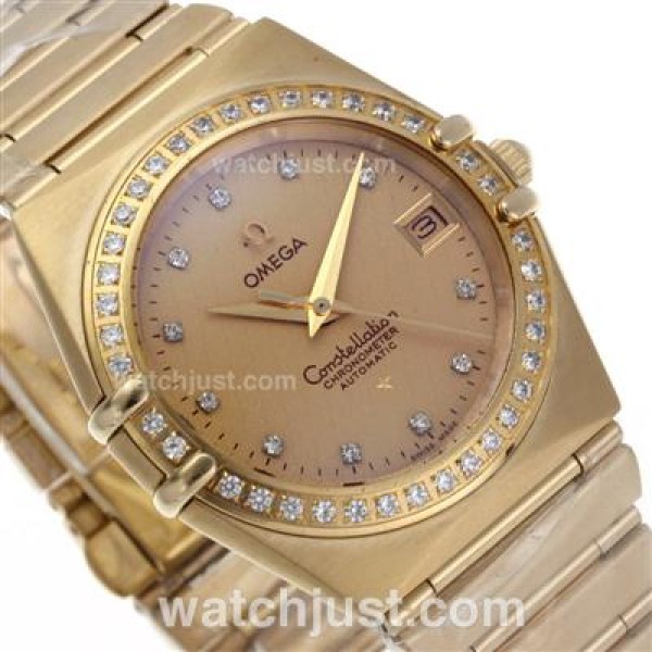 Omega Constellation Swiss ETA Movement Full Gold Diamond Bezel and Markers with Golden Dial