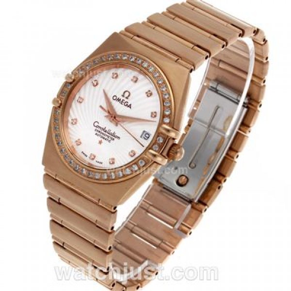 Omega Constellation Swiss ETA Movement Full Rose Gold Diamond Bezel and Markers with White Dial