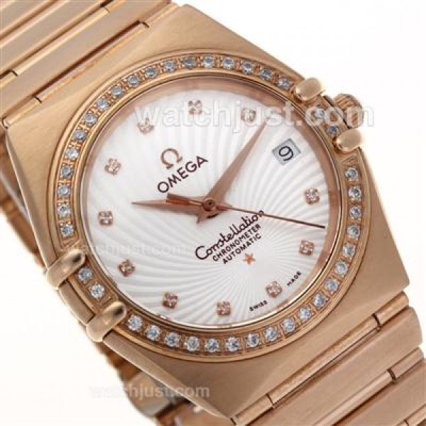 Omega Constellation Swiss ETA Movement Full Rose Gold Diamond Bezel and Markers with White Dial