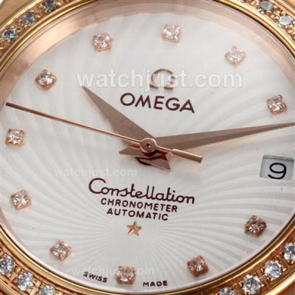 Omega Constellation Swiss ETA Movement Full Rose Gold Diamond Bezel and Markers with White Dial