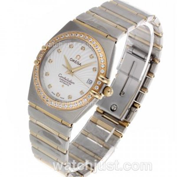 Omega Constellation Swiss ETA Movement Two Tone Diamond Bezel and Markers with White Dial