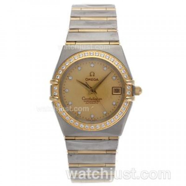 Omega Constellation Swiss ETA Movement Two Tone Diamond Bezel and Markers with Golden Dial