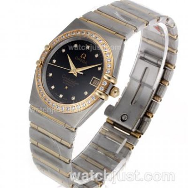 Omega Constellation Swiss ETA Movement Two Tone Diamond Bezel and Markers with Black Dial