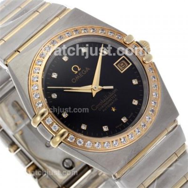 Omega Constellation Swiss ETA Movement Two Tone Diamond Bezel and Markers with Black Dial