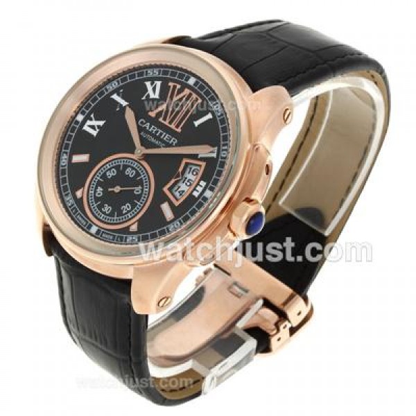 Cartier Calibre de Cartier Automatic Rose Gold Case with Black Dial-Leather Strap