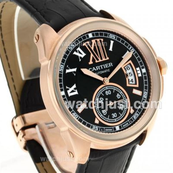 Cartier Calibre de Cartier Automatic Rose Gold Case with Black Dial-Leather Strap