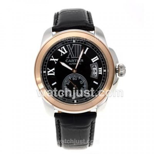 Cartier Calibre de Cartier Automatic Two Tone Case with Black Dial-Leather Strap