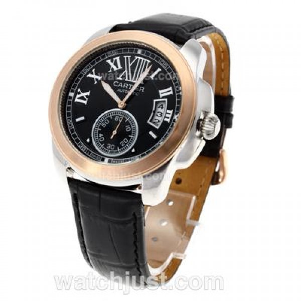 Cartier Calibre de Cartier Automatic Two Tone Case with Black Dial-Leather Strap