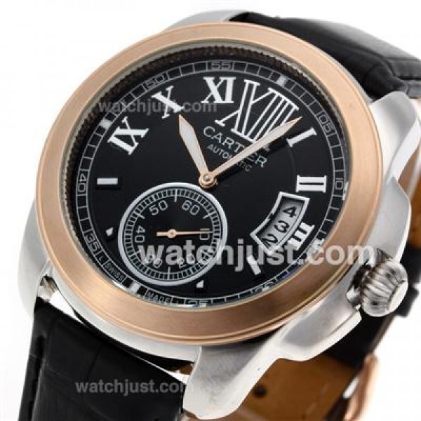 Cartier Calibre de Cartier Automatic Two Tone Case with Black Dial-Leather Strap