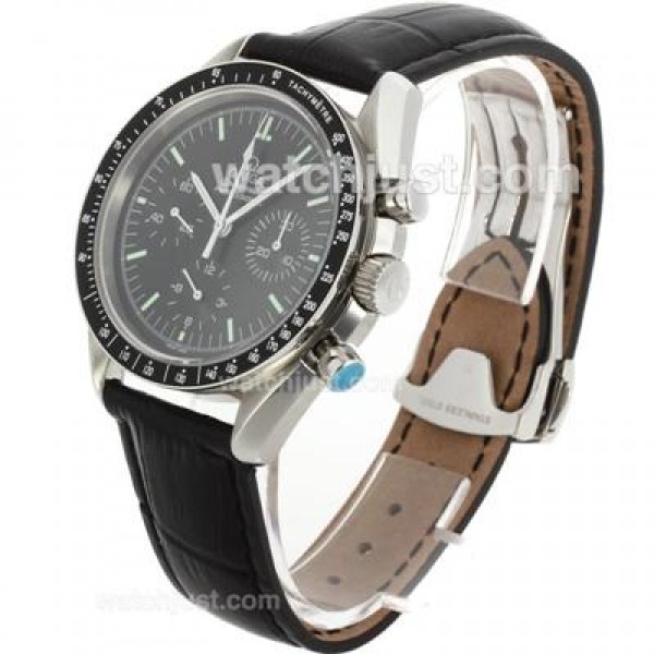 Omega Speedmaster Chronograph Lemania Movement with Black Dial-Leather Strap