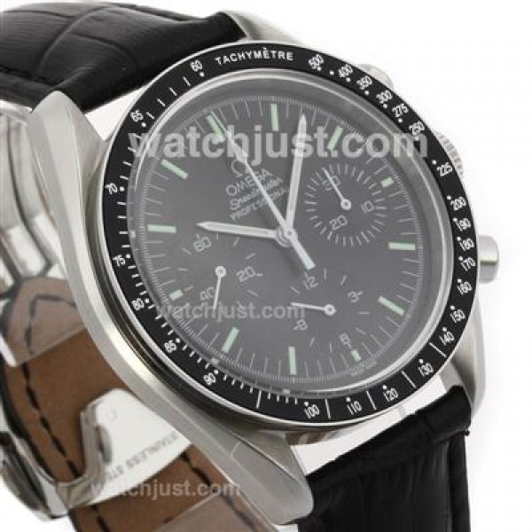 Omega Speedmaster Chronograph Lemania Movement with Black Dial-Leather Strap