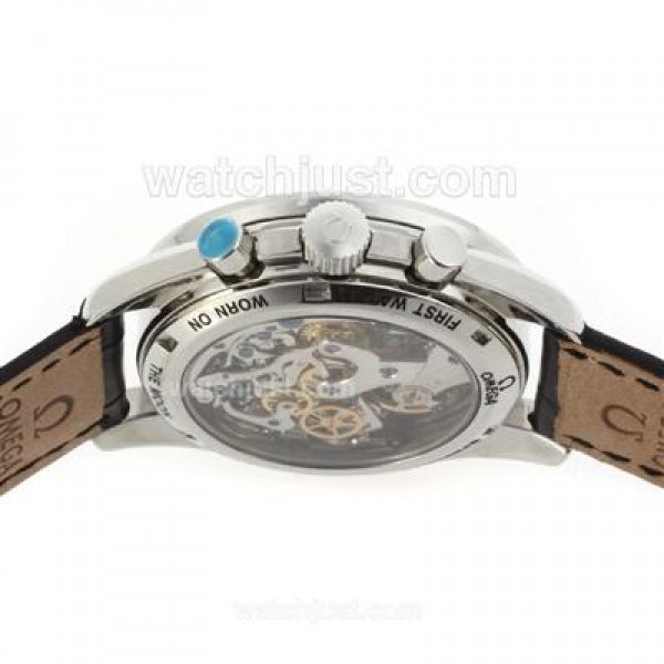 Omega Speedmaster Chronograph Lemania Movement with Black Dial-Leather Strap