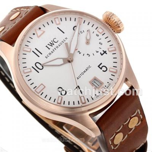 IWC Big Pilot Automatic Rose Gold Case with White Dial-Leather Strap