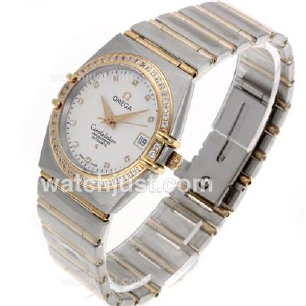 Omega Constellation Swiss ETA 2824 Movement Two Tone Diamond Markers and Bezel with White Dial-14K Wrapped Gold