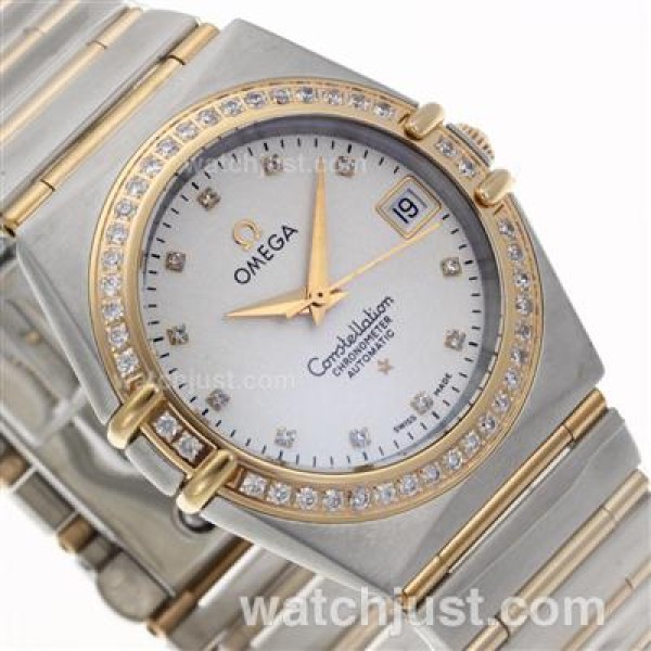 Omega Constellation Swiss ETA 2824 Movement Two Tone Diamond Markers and Bezel with White Dial-14K Wrapped Gold