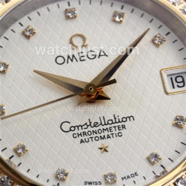 Omega Constellation Swiss ETA 2824 Movement Two Tone Diamond Markers and Bezel with White Dial-14K Wrapped Gold