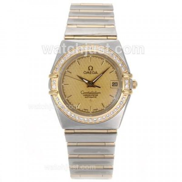 Omega Constellation Swiss ETA 2824 Movement Two Tone Diamond Bezel with Golden Dial-14K Wrapped Gold