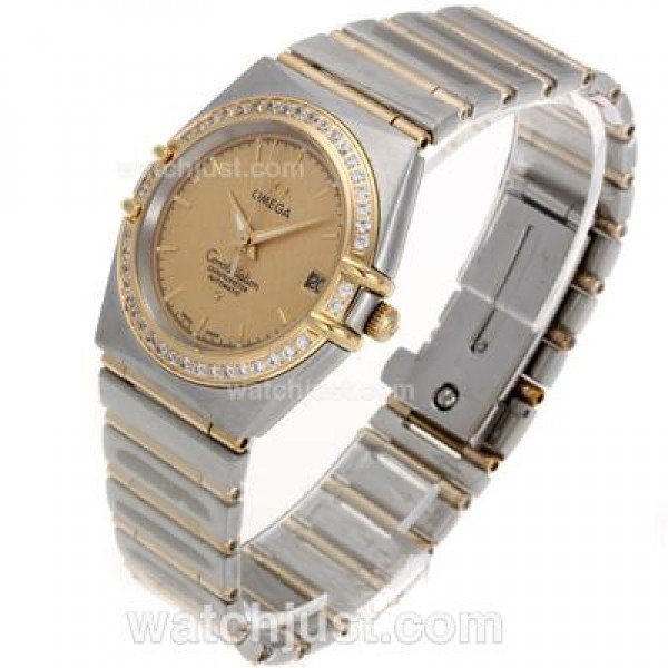 Omega Constellation Swiss ETA 2824 Movement Two Tone Diamond Bezel with Golden Dial-14K Wrapped Gold