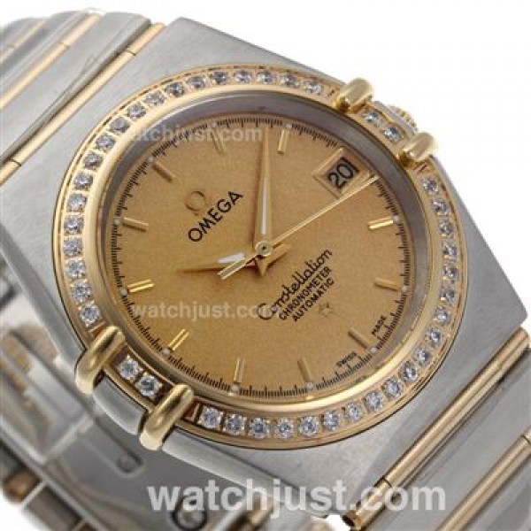 Omega Constellation Swiss ETA 2824 Movement Two Tone Diamond Bezel with Golden Dial-14K Wrapped Gold