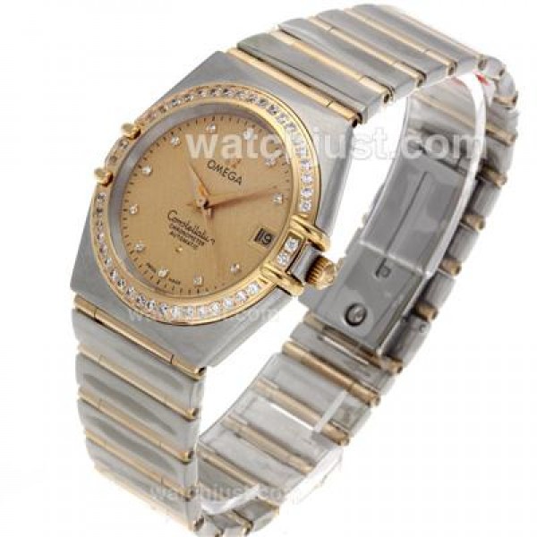 Omega Constellation Swiss ETA 2824 Movement Two Tone Diamond Markers and Bezel with Golden Dial-14K Wrapped Gold