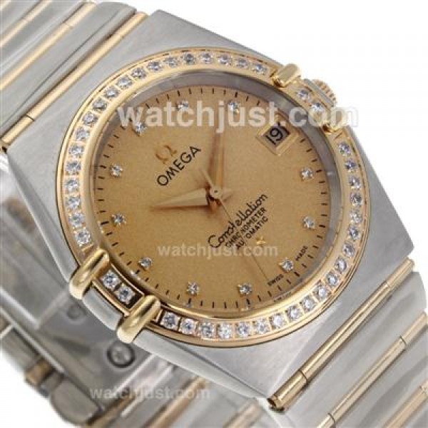 Omega Constellation Swiss ETA 2824 Movement Two Tone Diamond Markers and Bezel with Golden Dial-14K Wrapped Gold