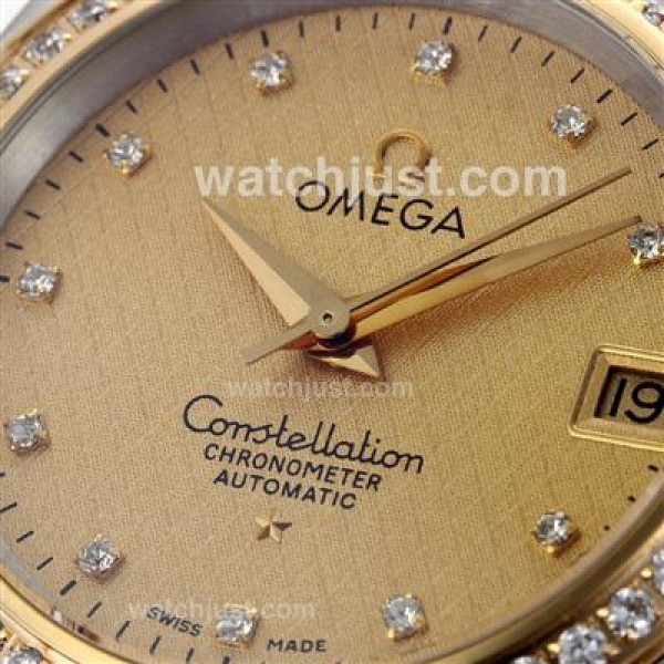 Omega Constellation Swiss ETA 2824 Movement Two Tone Diamond Markers and Bezel with Golden Dial-14K Wrapped Gold