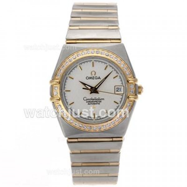 Omega Constellation Swiss ETA 2824 Movement Two Tone Diamond Bezel with White Dial-14K Wrapped Gold