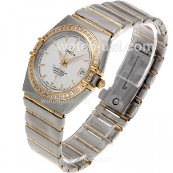 Omega Constellation Swiss ETA 2824 Movement Two Tone Diamond Bezel with White Dial-14K Wrapped Gold