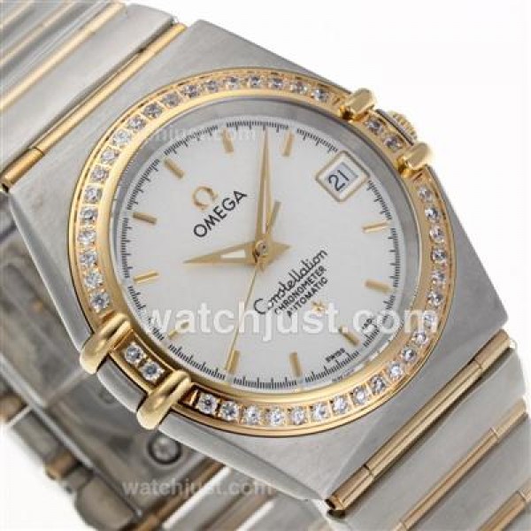 Omega Constellation Swiss ETA 2824 Movement Two Tone Diamond Bezel with White Dial-14K Wrapped Gold