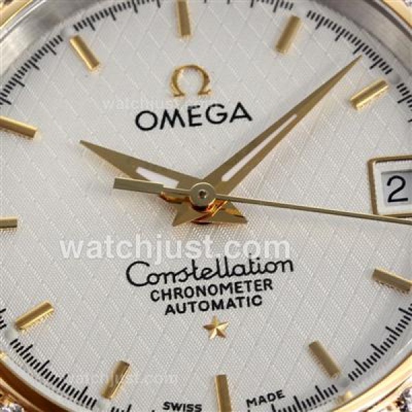 Omega Constellation Swiss ETA 2824 Movement Two Tone Diamond Bezel with White Dial-14K Wrapped Gold