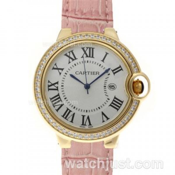 Cartier Ballon bleu de Cartier Gold Case Diamond Bezel with Pink Leather Strap-Couple Watch