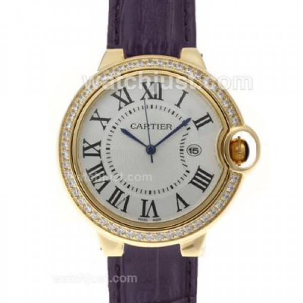 Cartier Ballon bleu de Cartier Gold Case Diamond Bezel with Purple Leather Strap-Couple Watch