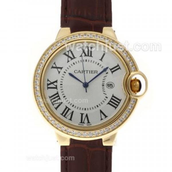 Cartier Ballon bleu de Cartier Gold Case Diamond Bezel with Brown Leather Strap-Couple Watch