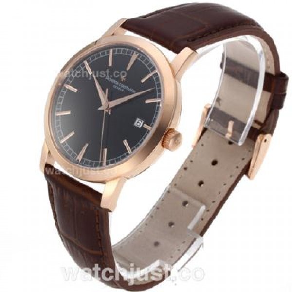 Vacheron Constantin Partrimony Swiss ETA 2836 Movement Rose Gold Case with Black Dial-Leather Strap
