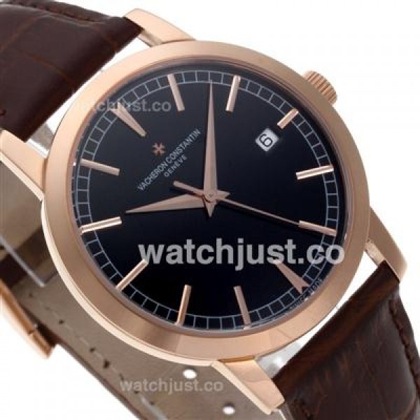 Vacheron Constantin Partrimony Swiss ETA 2836 Movement Rose Gold Case with Black Dial-Leather Strap