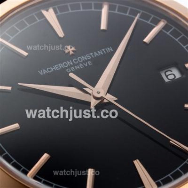 Vacheron Constantin Partrimony Swiss ETA 2836 Movement Rose Gold Case with Black Dial-Leather Strap