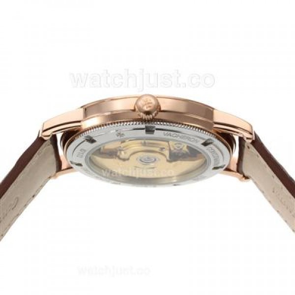 Vacheron Constantin Partrimony Swiss ETA 2836 Movement Rose Gold Case with Black Dial-Leather Strap