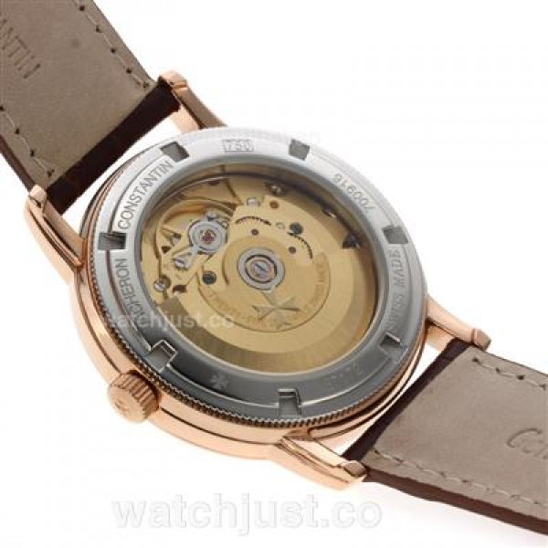 Vacheron Constantin Partrimony Swiss ETA 2836 Movement Rose Gold Case with Black Dial-Leather Strap