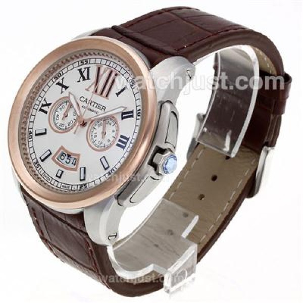 Cartier Calibre de Cartier Working Chronograph Two Tone Case with White Dial-Leather Strap