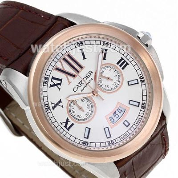 Cartier Calibre de Cartier Working Chronograph Two Tone Case with White Dial-Leather Strap