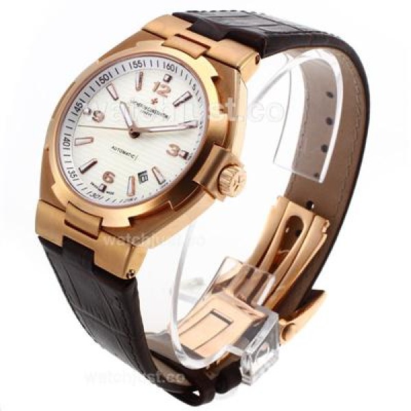 Vacheron Constantin Overseas Swiss ETA 2836 Movement Rose Gold Case with White Dial-Leather Strap
